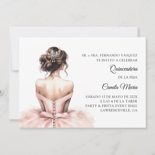 Roze Quinceañera Spaanse uitnodiging (Voorkant)