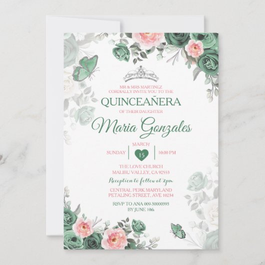 Roze Quinceañera Stoffige Groene Kroonvlinder Kaart (Voorkant)