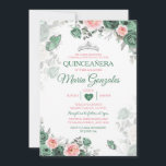 Roze Quinceañera Stoffige Groene Kroonvlinder Kaart<br><div class="desc">Roze Quinceañera Stoffig Groen & Zilveren Kroon Mexicaanse Vlinder Uitnodiging Mis Quince 15 Anos,  16e Verjaardag, </div>