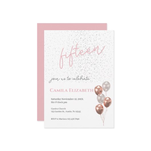 Roze Quinceañera uitnodiging (Voorkant / Achterkant in situ)