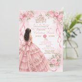 Roze Quinceañera uitnodiging met strik (Staand voorkant)