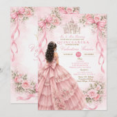 Roze Quinceañera uitnodiging met strik (Voorkant / Achterkant)