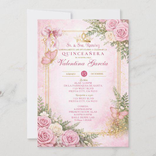Roze Quinceañera Uitnodiging Spaans (Voorkant)