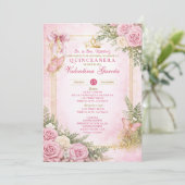 Roze Quinceañera Uitnodiging Spaans (Staand voorkant)