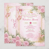Roze Quinceañera Uitnodiging Spaans (Voorkant / Achterkant)