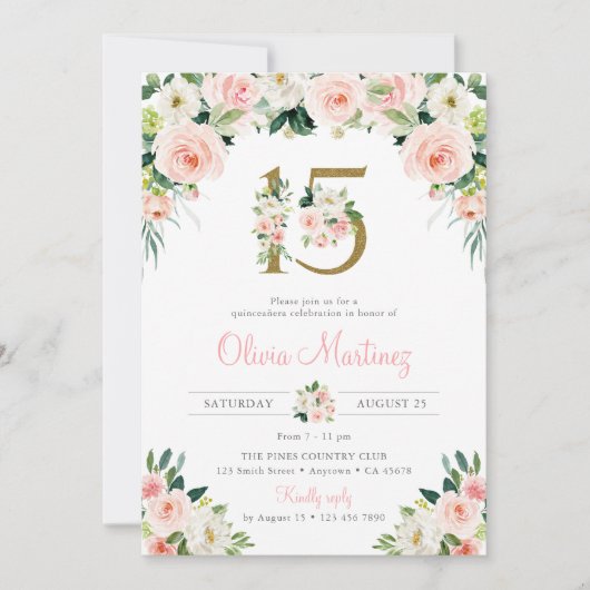 Roze Quinceañera Verjaardag Uitnodiging Blush Bloe (Voorkant)