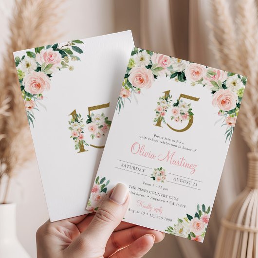 Roze Quinceañera Verjaardag Uitnodiging Blush Bloe