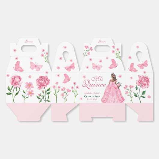 Roze Quinceañera Vlinder en Rozen Bloemen Bedankdoosjes (Ongevouwen)