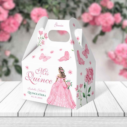 Roze Quinceañera Vlinder en Rozen Bloemen Bedankdoosjes