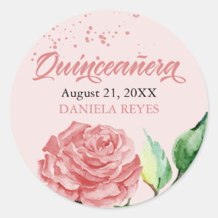 Roze Quinceanera Waterverf Roos Bloom Custom Ronde Sticker