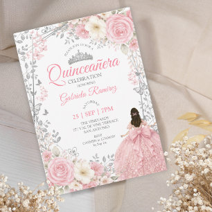 Roze Quinceañera Zilveren Vlinders Kaart