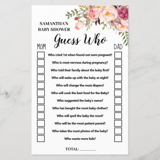 Roze Raad wie baby shower tweetalige spelkaart Flyer (Voorkant)