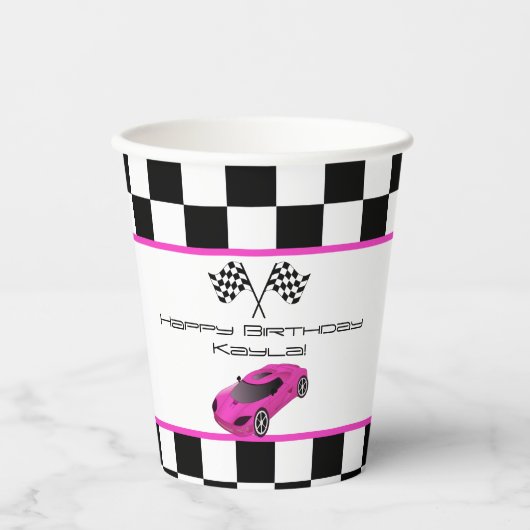 Roze raaigar | Kinderen van Birthday Papieren Bekers (Voorkant)