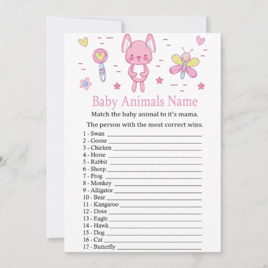 Roze Rabbit Baby Animals Name Game Kaart (Voorkant)