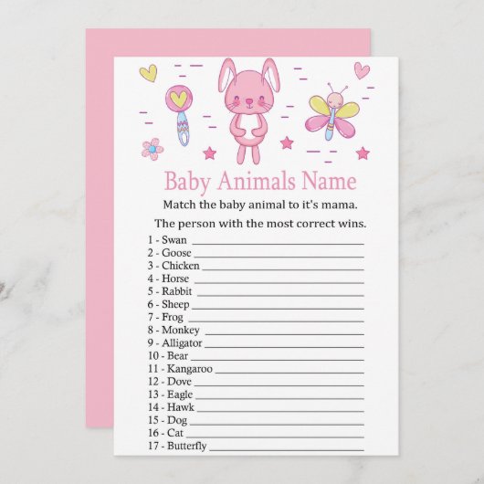 Roze Rabbit Baby Animals Name Game Kaart (Voorkant / Achterkant)