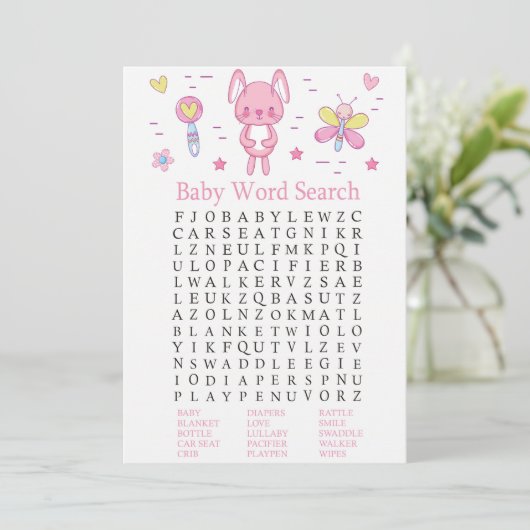 Roze Rabbit Baby shower Word Search Game Kaart (Staand voorkant)