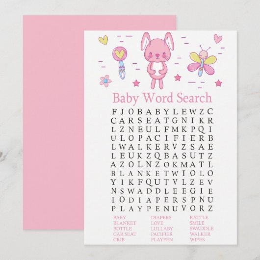 Roze Rabbit Baby shower Word Search Game Kaart (Voorkant / Achterkant)