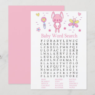 Roze Rabbit Baby shower Word Search Game Kaart