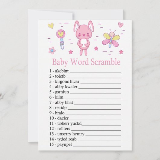 Roze Rabbit Baby Word Scramble Game Kaart (Voorkant)