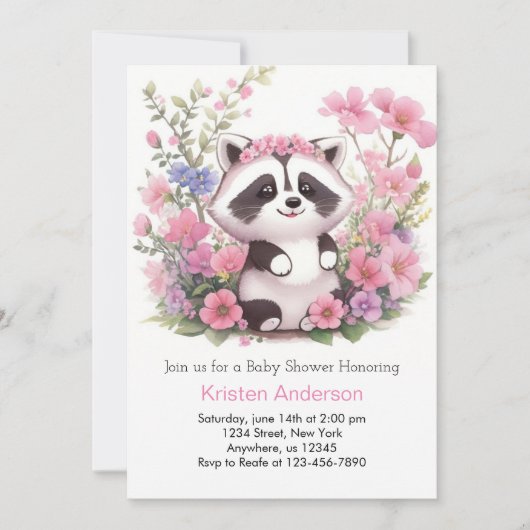Roze Raccoon Forest Adventure Meisje Baby shower Kaart (Voorkant)
