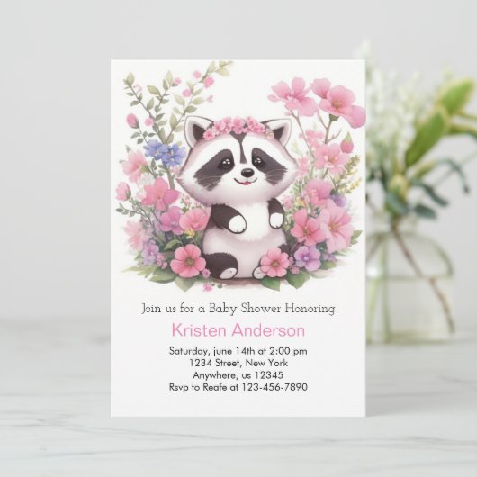 Roze Raccoon Forest Adventure Meisje Baby shower Kaart (Staand voorkant)