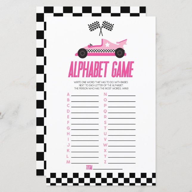 Roze Race Auto Alphabet Baby shower spel (Voorkant / Achterkant)