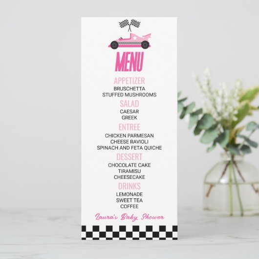 Roze Race Auto Baby shower Voedsel Menu (Staand voorkant)