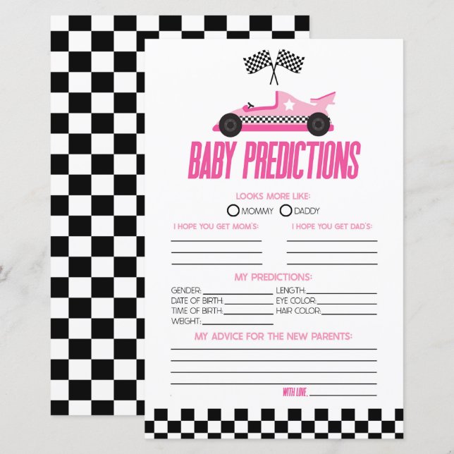 Roze Race Auto Baby shower Voorspellingen Spel (Voorkant / Achterkant)