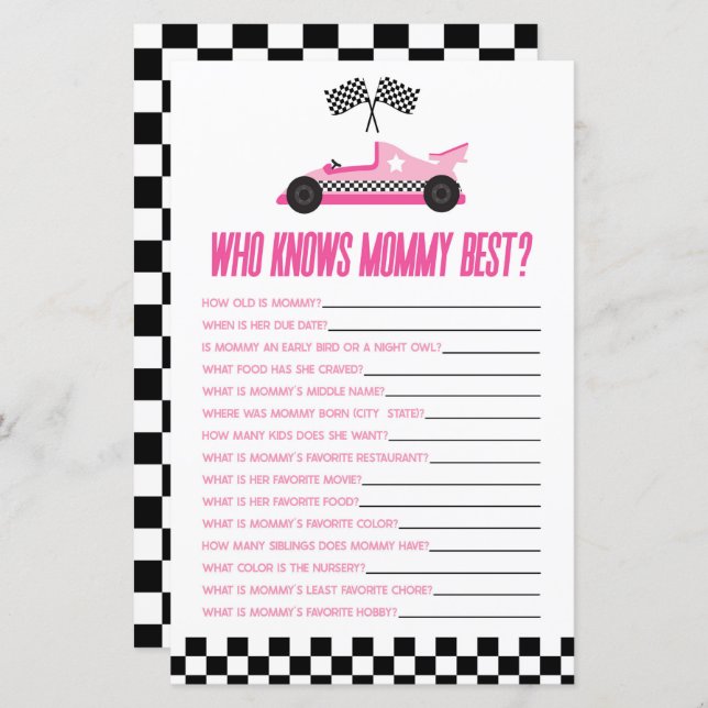 Roze Race auto die weet mama Baby shower spel (Voorkant / Achterkant)