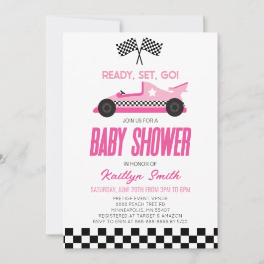 Roze Race Auto Geruit Race Flag Baby shower Kaart (Voorkant)
