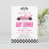 Roze Race Auto Geruit Race Flag Baby shower Kaart (Staand voorkant)