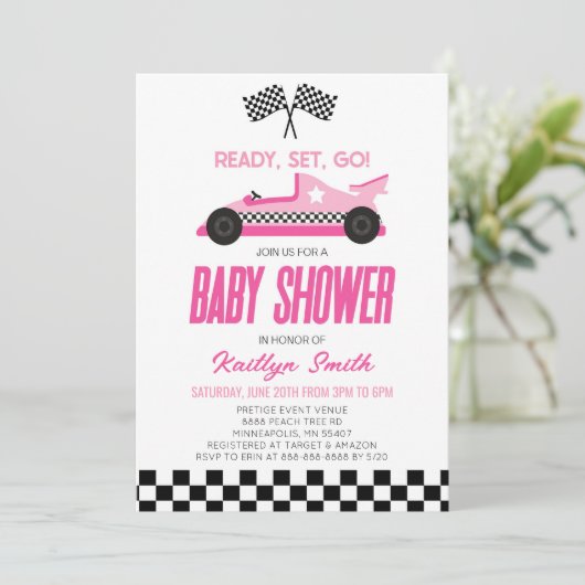 Roze Race Auto Geruit Race Flag Baby shower Kaart (Staand voorkant)