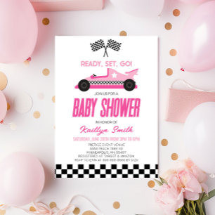 Roze Race Auto Geruit Race Flag Baby shower Kaart