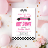 Roze Race Auto Geruit Race Flag Baby shower Kaart