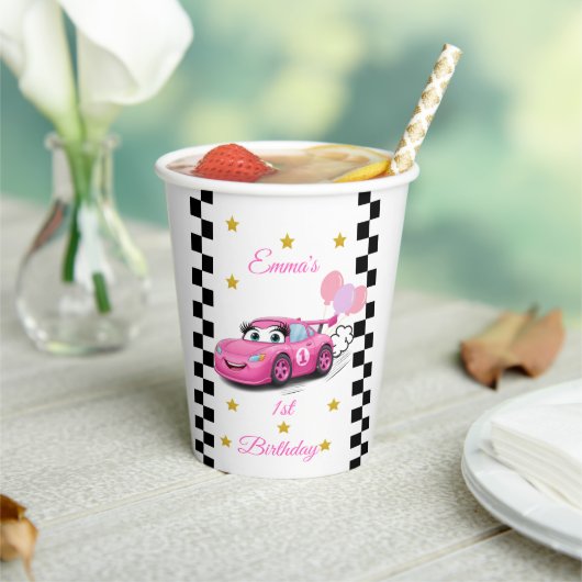 Roze Race Auto Gouden Sterren Verjaardagsfeest Papieren Bekers (Insitu)