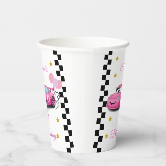 Roze Race Auto Gouden Sterren Verjaardagsfeest Papieren Bekers (Rechts)