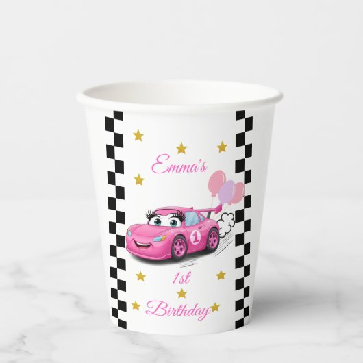 Roze Race Auto Gouden Sterren Verjaardagsfeest Papieren Bekers (Voorkant)