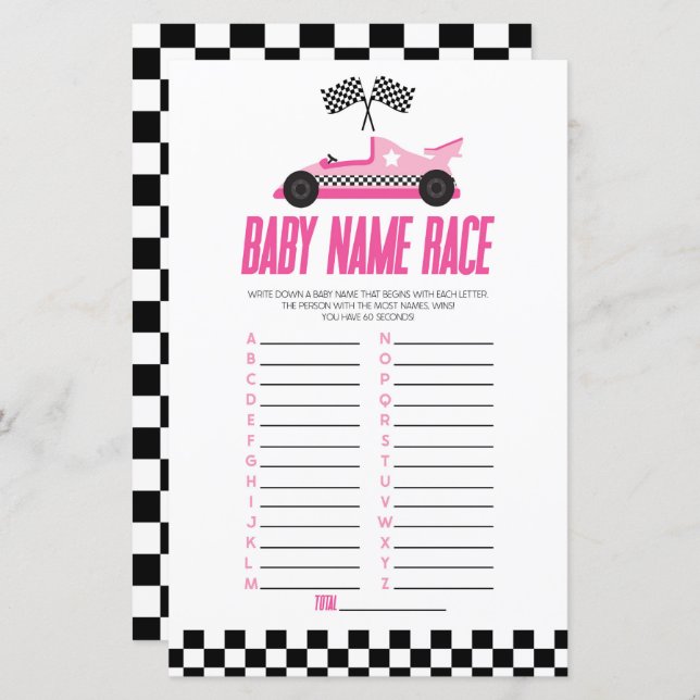 Roze Race Auto Naam Race Baby shower Spel (Voorkant / Achterkant)