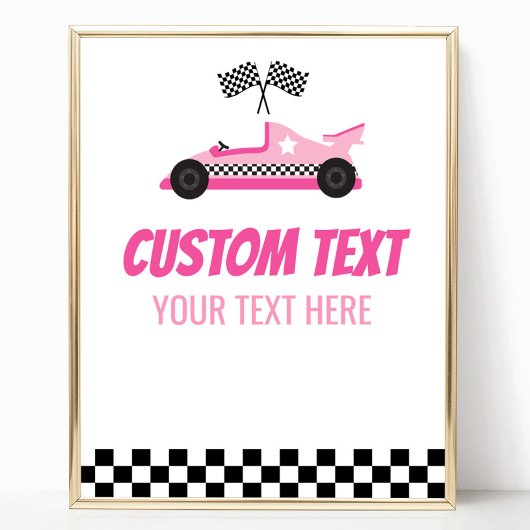 Roze Race Auto Racecar Aangepaste Tekst Party Sign Poster