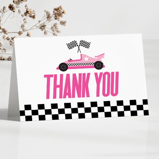 Roze Race Auto Racecar Baby shower Bedankkaart