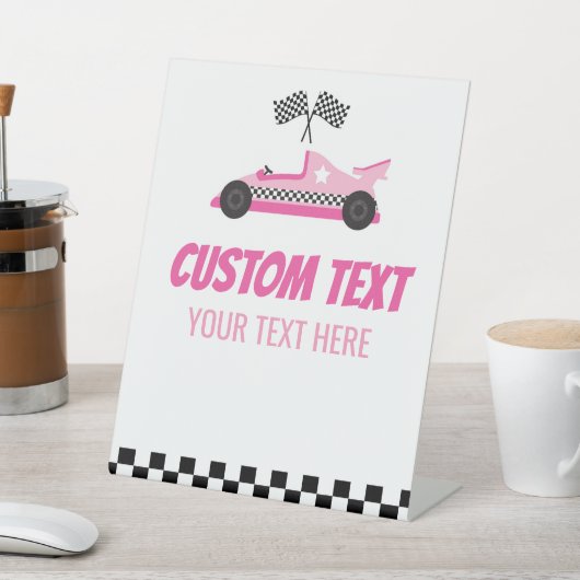 Roze Race Auto Racecar Custom Text Party Reclamebord Met Voetstuk (Insitu)
