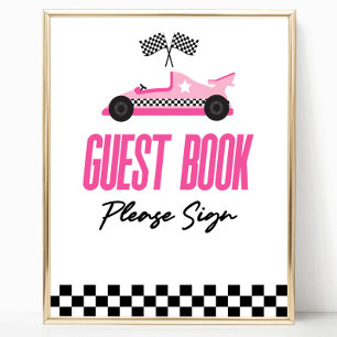 Roze Race Auto Racecar Gastenboek Feestbord Poster