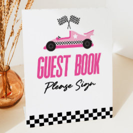 Roze Race Auto Racecar Gastenboek Party Reclamebord Met Voetstuk