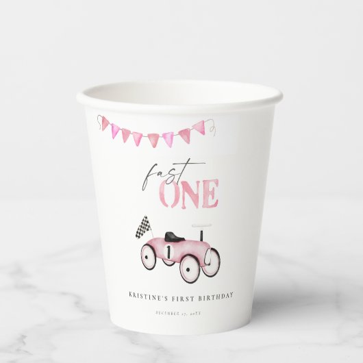 Roze Race Auto Ride-On Verjaardag Papier Cups Papieren Bekers (Voorkant)