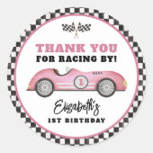 Roze Race Auto Snel Een Meisje Verjaardagsfeestje Ronde Sticker (Voorkant)