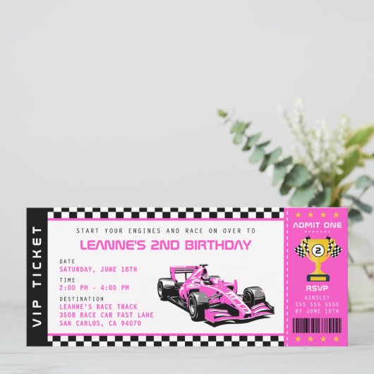 Roze Race Auto Ticket Pass Meisje Verjaardagsfeest Kaart (Staand voorkant)