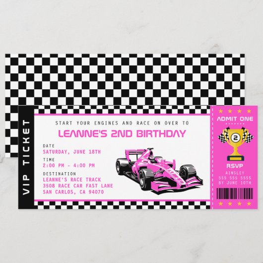 Roze Race Auto Ticket Pass Meisje Verjaardagsfeest Kaart (Voorkant / Achterkant)