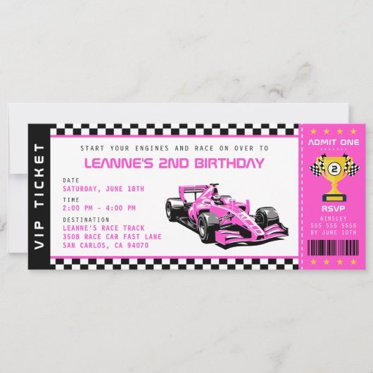 Roze Race Auto Ticket Pass Meisje Verjaardagsfeest Kaart (Voorkant)