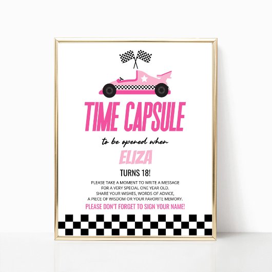 Roze Race Auto Verjaardag Party Time Capsule Sign Poster