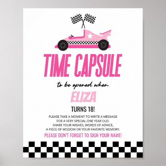 Roze Race Auto Verjaardag Party Time Capsule Sign Poster (Voorkant)